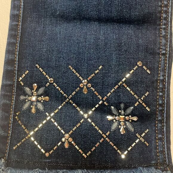 7 For All Mankind- Jen 7 Embellished Hem Straight Crop Jeans Dark Hudson Blue 4 - Picture 7 of 10